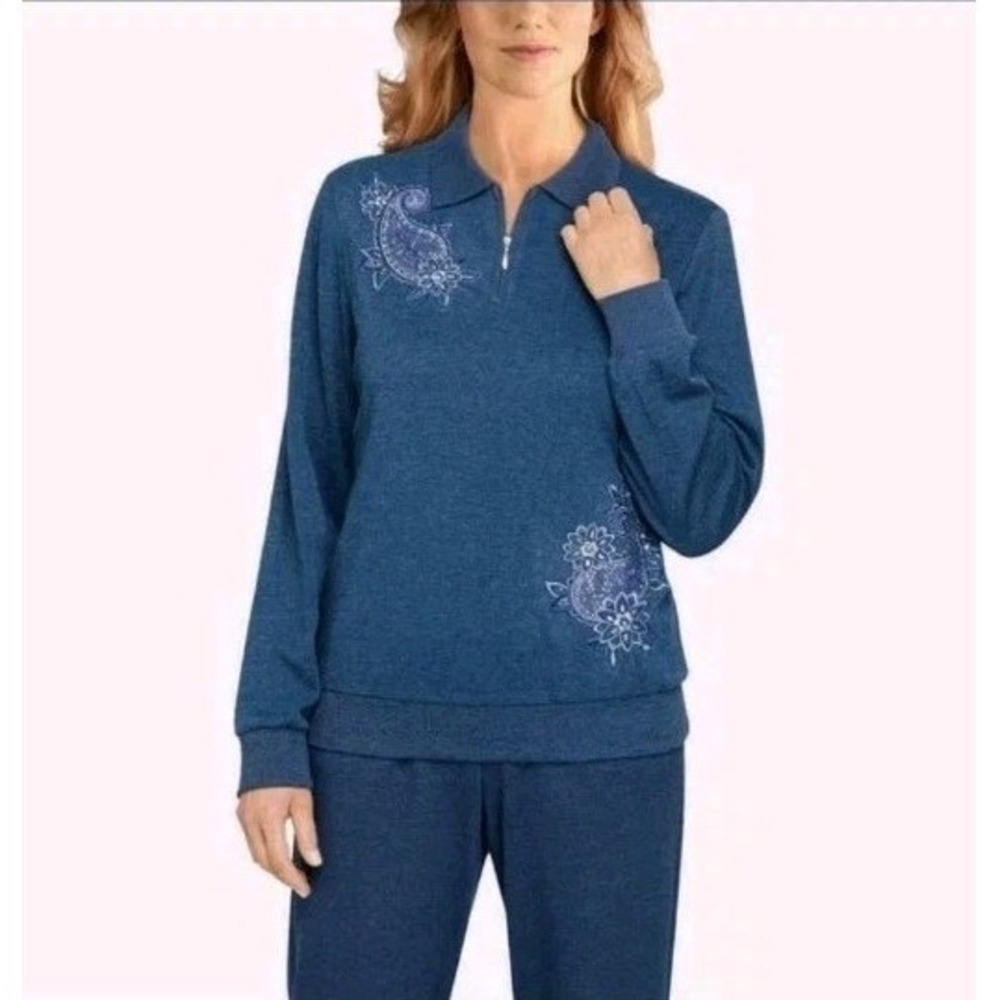 NWT Alfred Dunner Blue Knit Sweater Paisley Embroidered 1/4 Zip Collar 1X‎ Women